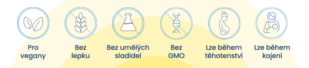 Pro vegetariány, bez lepku, bez uměých sladidel, bez GMO, lze během těhotenství a během kojení.