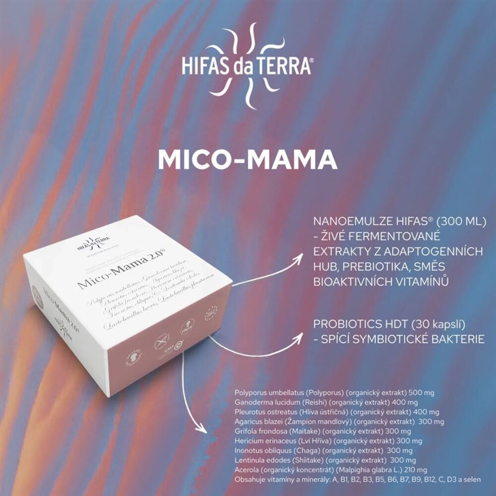 Mico-Mama 300ml a 30 kapslí (Polyporus, Reishi, Hlíva, Žampion, Maitake, Hericium, Chaga, Shiitake)