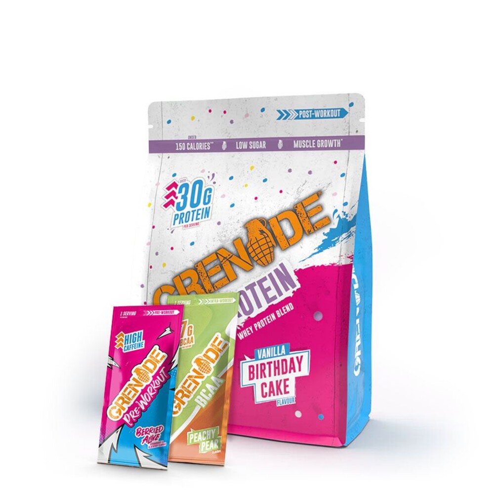 Grenade Whey Protein 480 g vanilla birthday cake + vzorek Pre-Workout 16,5g a vzorek BCAA 13g zdarma