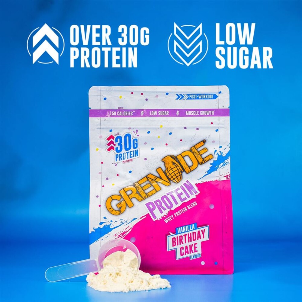 Grenade Whey Protein 480 g vanilla birthday cake + vzorek Pre-Workout 16,5g a vzorek BCAA 13g zdarma