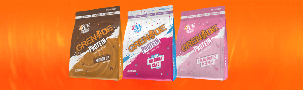 Nejnovější protein GRENADE v příchutích fudged, birthday cake, vanilla strawberries cream.